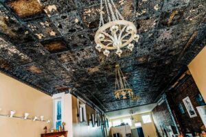 Tin ceiling and chandeliers